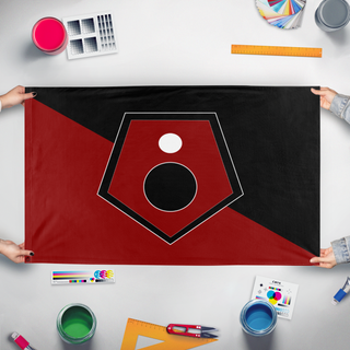 A mockup of the custom flag 'Ministry of Defense flag' held up on a table during print checking