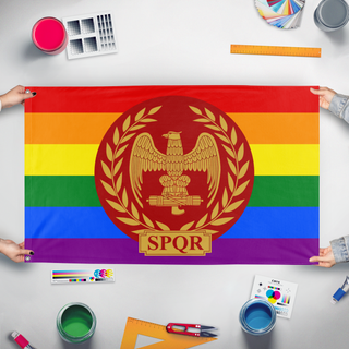 A mockup of the custom flag 'Roman Empire Pride flag' held up on a table during print checking
