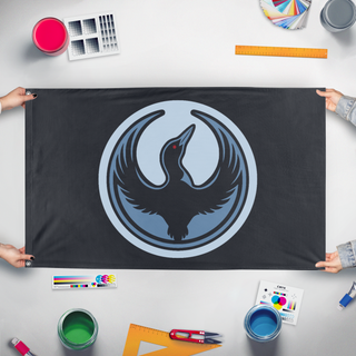 A mockup of the custom flag 'Minnesota Rebel Alliance flag' held up on a table during print checking