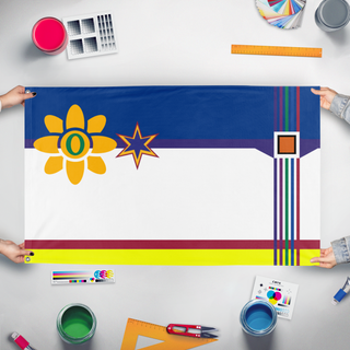 A mockup of the custom flag 'Flag of 'Ctesjj'' held up on a table during print checking