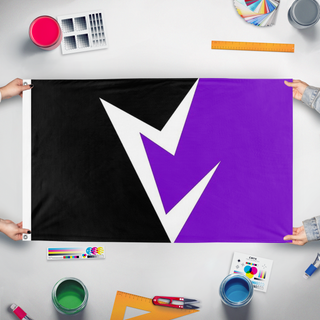 A mockup of the custom flag 'Vril Society flag' held up on a table during print checking