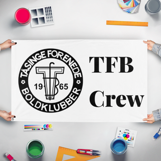 A mockup of the custom flag 'Tfb crew flag' held up on a table during print checking