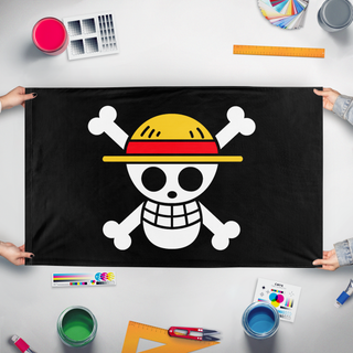 A mockup of the custom flag 'Straw Hat Jolly Roger flag' held up on a table during print checking