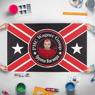 A mockup of the custom flag 'Tuff troll Flag' held up on a table during print checking