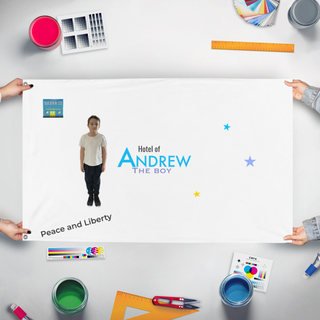 A mockup of the custom flag 'Andrew The Boy Hotel Flag' held up on a table during print checking