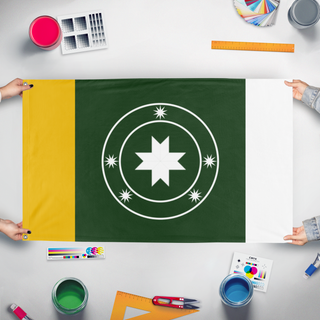 A mockup of the custom flag 'Republic Of Appalachia flag' held up on a table during print checking