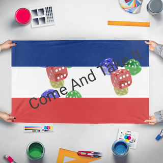 A mockup of the custom flag 'T flag' held up on a table during print checking