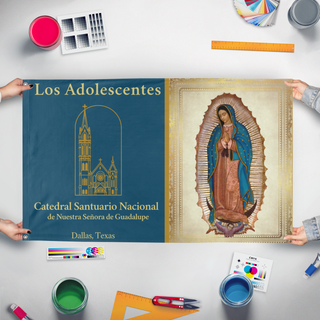 A mockup of the custom flag 'Bandera Catedral Adolescentes flag' held up on a table during print checking