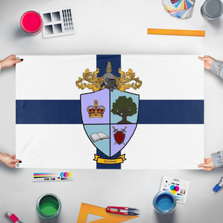 A mockup of the custom flag 'Perryland flag' held up on a table during print checking