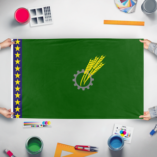 A mockup of the custom flag 'Wisconsin socialist flag' held up on a table during print checking