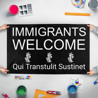 A mockup of the custom flag 'Immigrants Welcome CT flag' held up on a table during print checking
