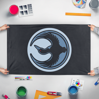 A mockup of the custom flag 'Minnesota Rebel Alliance flag' held up on a table during print checking