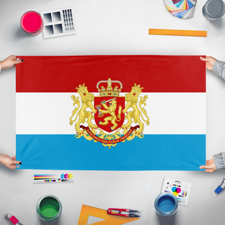 A mockup of the custom flag 'Dutch republic flag' held up on a table during print checking