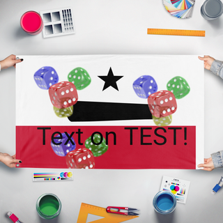 A mockup of the custom flag 'T flag' held up on a table during print checking