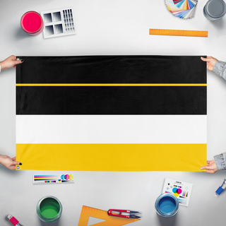 A mockup of the custom flag 'Belka flag' held up on a table during print checking