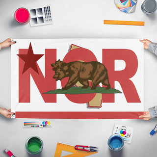 A mockup of the custom flag 'Fallout 2 New California Republic flag' held up on a table during print checking