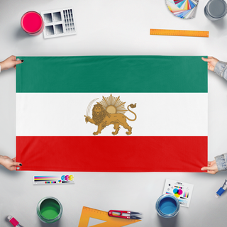 A mockup of the custom flag 'Lion & Sun flag' held up on a table during print checking