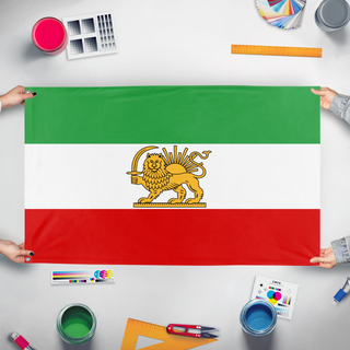 A mockup of the custom flag 'Free Iran flag' held up on a table during print checking