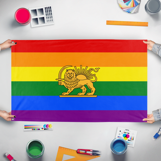 A mockup of the custom flag 'Free Iran Pride flag' held up on a table during print checking