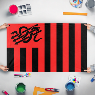 A mockup of the custom flag 'Iron Front Gadsden United States flag' held up on a table during print checking