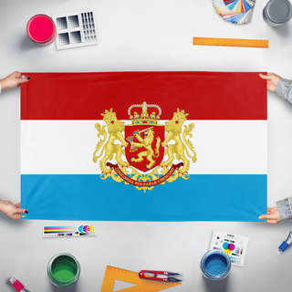 A mockup of the custom flag 'Dutch republic flag' held up on a table during print checking