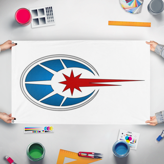 A mockup of the custom flag 'Comstar flag' held up on a table during print checking