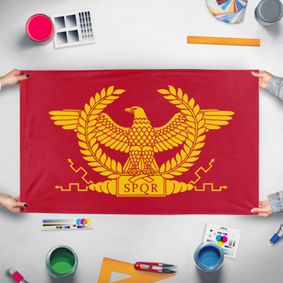 A mockup of the custom flag 'Flag of Rome' held up on a table during print checking
