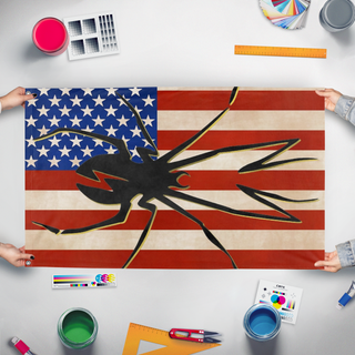 A mockup of the custom flag 'Danger Days Flag' held up on a table during print checking