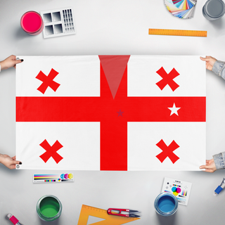 A mockup of the custom flag 'fccht flag' held up on a table during print checking