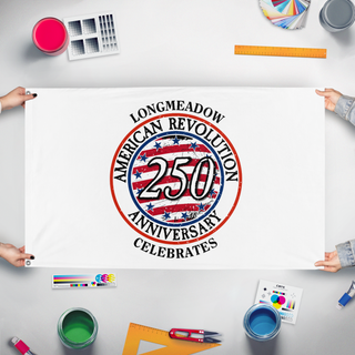 A mockup of the custom flag 'LHS flag' held up on a table during print checking