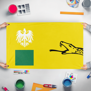 A mockup of the custom flag 'cbn flag' held up on a table during print checking