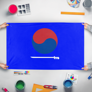 A mockup of the custom flag 'hdsawq flag' held up on a table during print checking