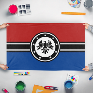 A mockup of the custom flag 'United Confederation of Republics flag' held up on a table during print checking