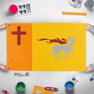 A mockup of the custom flag 'Distributist flag' held up on a table during print checking