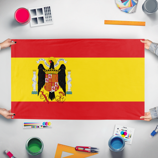 A mockup of the custom flag 'Francoist Spain flag' held up on a table during print checking