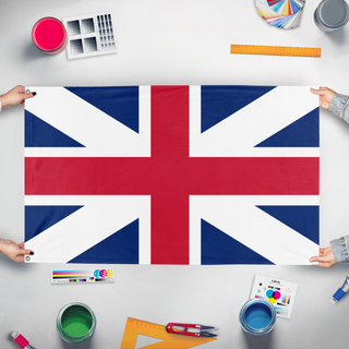 A mockup of the custom flag 'Flag of Great Britain' held up on a table during print checking