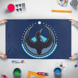 A mockup of the custom flag 'Minnesota Rebel Loan with Stars flag' held up on a table during print checking
