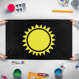 A mockup of the custom flag 'Third Imperium' held up on a table during print checking