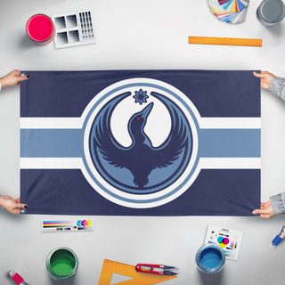 A mockup of the custom flag 'MN_LOON flag' held up on a table during print checking