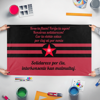 A mockup of the custom flag 'Solidarity  flag' held up on a table during print checking