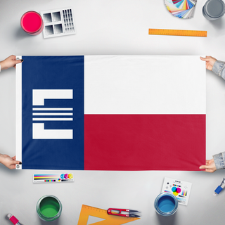 A mockup of the custom flag 'Texan Enclave flag' held up on a table during print checking
