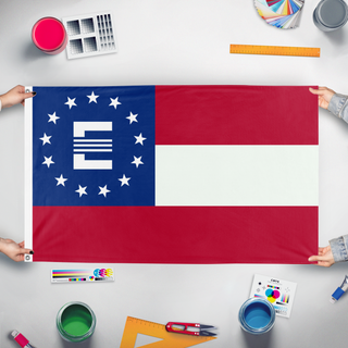 A mockup of the custom flag 'Georgia Enclave flag' held up on a table during print checking