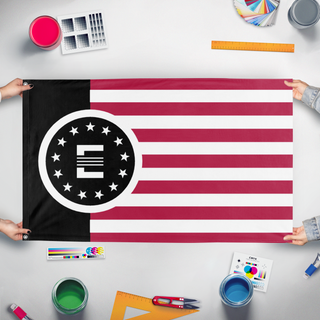 A mockup of the custom flag 'Chicago Enclave flag' held up on a table during print checking