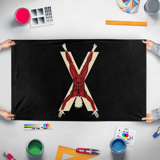 A mockup of the custom flag 'Flag of House Bolton' held up on a table during print checking