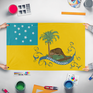 A mockup of the custom flag '3rd Virginia Detachment flag' held up on a table during print checking