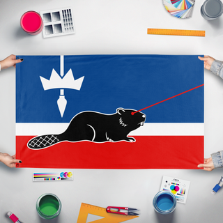 A mockup of the custom flag 'Virginia Laser Beaver flag' held up on a table during print checking