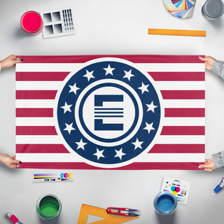 A mockup of the custom flag 'MacArthur Enclave flag' held up on a table during print checking