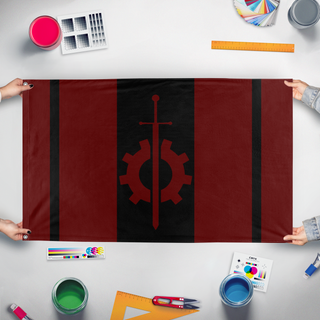 A mockup of the custom flag 'Brotherhood Outcasts flag' held up on a table during print checking