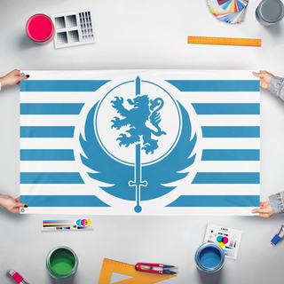 A mockup of the custom flag 'Lyon's Pride' held up on a table during print checking