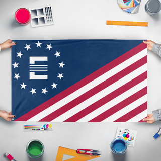 A mockup of the custom flag 'Enclave Northern Command flag' held up on a table during print checking